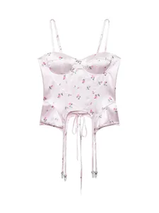 Pink floral satin corset top with spaghetti straps, boned bodice and trendy streetwear.
