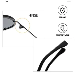 Sunglasses detail feature showing hinge structure and strong comfortable design for wear.