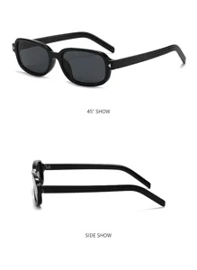 Klassische schwarze Sonnenbrille im Detail mit 45-Grad-Winkel und Seitenprofilansicht.