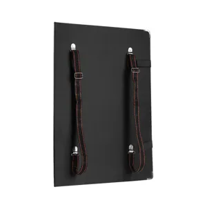 Portable black sketch drawing board with adjustable shoulder straps for art students.