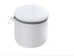 Cylindrical mesh laundry bag with zipper, thickened fine mesh for bra washing protection.