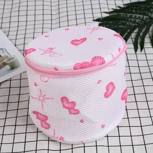 Cylindrical thickened mesh laundry bag with pink heart prints for bra and underwear washing