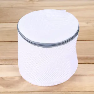White mesh laundry bag cylinder bra washing bag with zipper for home washing machine
