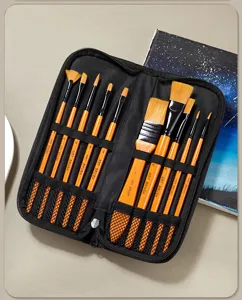 10-piece orange handle nylon paintbrush set with black canvas zipper storage bag for art.