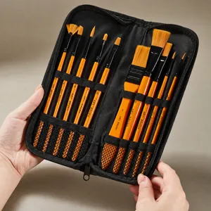 Professional Nylon Paintbrushes With Canvas Storage Bag Watercolor Acrylic Oil Painting Art Supplies Orange Handle