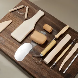 10-piece pottery clay tool set flatlay view for DIY sculpting, carving and trimming crafts.