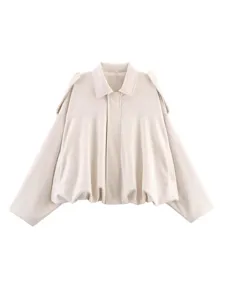 Beige suede pilot jacket for women, autumn casual short coat with lapel and gathered hem.