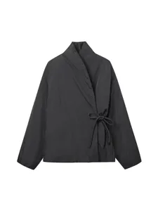 Mujer abrigo acolchado estilo kimono liso atado lateral chaqueta de invierno cálida