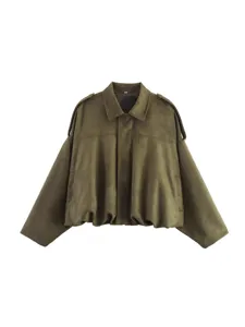 Stylish Women Olive Green Suede Lapel Bomber Jacket Autumn Casual Outerwear Tops