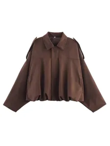 Women brown suede bomber jacket with lapel and cropped hem, perfect for autumn casual wear.