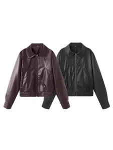 Damen Casual Kunstleder Jacke Revers Langarm Reißverschluss Oberbekleidung Trendige Streetwear Modischer Mantel