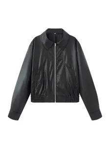 Damen schwarze Revers Lederjacke Freizeit Langarm Reißverschluss Mantel Herbst