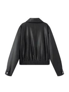Klassische schwarze Revers Langarm PU Lederjacke für Damen lässige Herbst Oberbekleidung