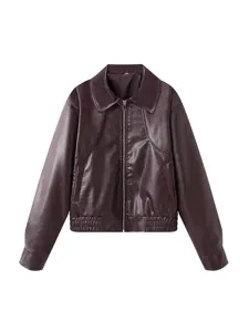 Damen Kunstlederjacke Revers Reißverschluss Freizeit Oberbekleidung Langarm Herbst Mantel
