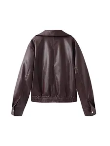 Damen braune Kunstlederjacke Rückansicht Freizeit Langarm Oberbekleidung Mode Mantel