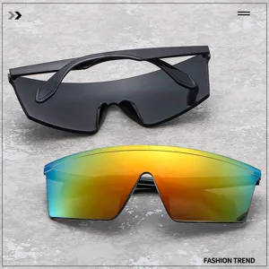 Close up of oversized shield sports sunglasses with UV protection and windproof design.