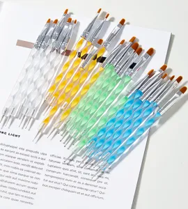 Dual-ended acrylic nail art dotting pens and brush sets, ideal for professional manicures.