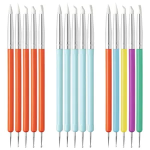 Dual ended silicone nail art brushes dotting pens sculpting tools set for manicures and crafts.
