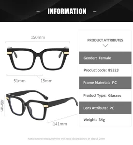Detaillierte Abmessungen und Spezifikationen der modischen schwarz-goldenen Brille.