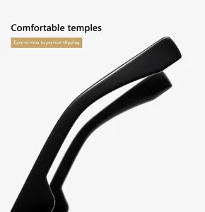 Vue détaillée des branches de lunettes de soleil noires confortables, lignes douces et ergonomiques.