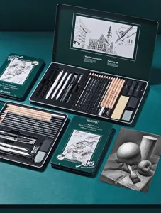 Professional sketching pencil set with charcoal pencils and tools for art students and beginners.