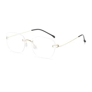 Modische metallene randlose Flachglas-Brille, goldener leichter Rahmen klare Linsen trendy.