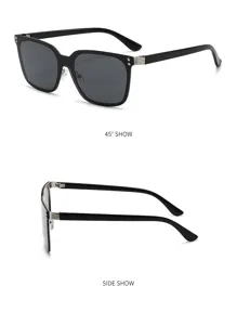 Detail view showing 45-degree angle and side profile of black square sunglasses.
