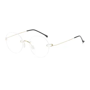 Stylish rimless round clear glasses featuring thin metal temples for daily fashion wear.