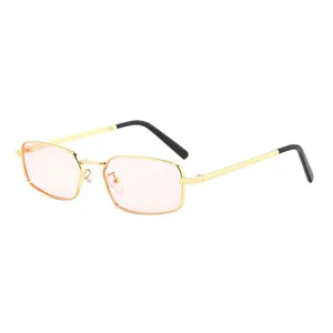 Narrow square sunglasses with metal frame and pink lenses for stylish outdoor UV protection.