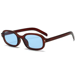 Y2K Vintage schmale quadratische Sonnenbrille Damen brauner Rahmen blaue Gläser Mode