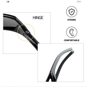 Detailed view of sports sunglasses hinge and temple grip, high strength and comfort.