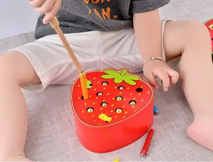 Montessori wooden catch worm toy detail, strawberry shape magnetic interactive game for kids.