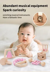 Wooden baby rattle sensory toys set, natural beech wood infant grasping toys for early education.