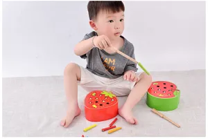 Wooden Montessori fruit magnetic catch worm toy detail, early education game for kids.