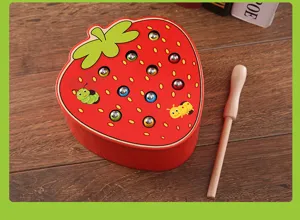 Wooden strawberry magnetic worm catching puzzle toy for kids early education maze game.