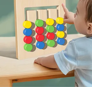 Wooden Montessori color sorting sliding puzzle toy for early childhood logical thinking training.
