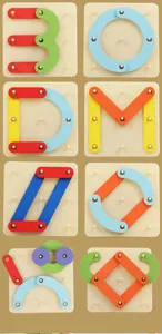 Wooden Montessori educational puzzle toy detail, geometric shapes stacking peg board set for kids.