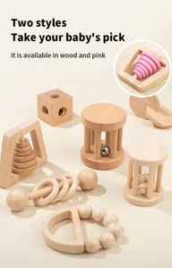 Wooden baby rattle sensory toys set for infants, natural beech wood early education grab toys.