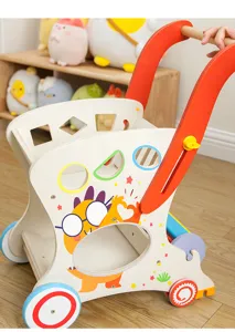Wooden baby walker toy detail with shape sorting holes and cute cartoon dinosaur design.