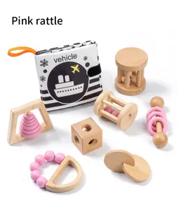Baby wooden rattle and cloth book toy set, smooth beech wood sensory gripping toys for early education.
