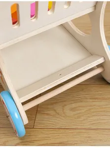 Wooden baby walker detail view, toddler push toy and storage cart, natural wood finish.