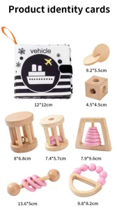 Infant wooden rattle toy set with soft cloth book, newborn baby early education grasping toy.
