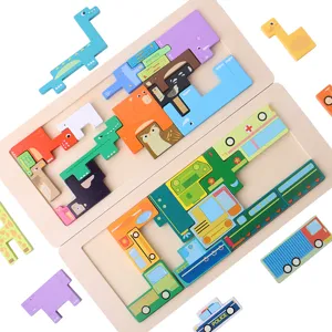 Puzzle 3D in legno per bambini, giocattolo educativo con animali e veicoli per imparare.