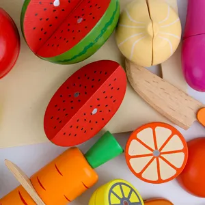 Wooden cutting kitchen toys set for kids, magnetic fruit and vegetable simulation play.