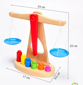 Wooden balance scale toy detail view, Montessori math learning tool with colorful weights.