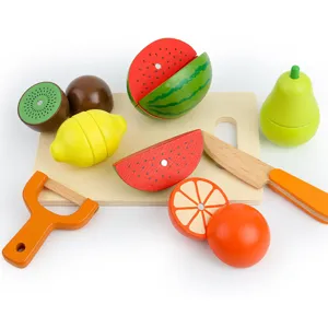 Wooden kitchen pretend play toy set with magnetic cutting fruits, cutting board and knife for kids.