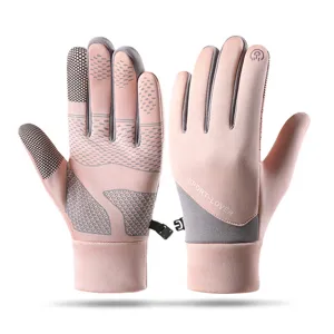Pink winter thermal sports gloves with anti-slip grip and touch screen compatibility for outdoor.