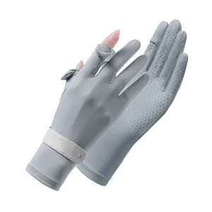 Women summer ice silk sunscreen gloves UV protection breathable anti-slip two-finger driving grey