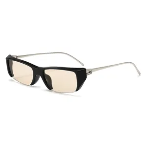 Trendy square sunglasses with thick black frame and silver temples for stylish retro look.