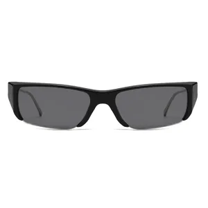 Trendy Y2K narrow square semi-rimless sunglasses for men and women, cool retro sun protection.